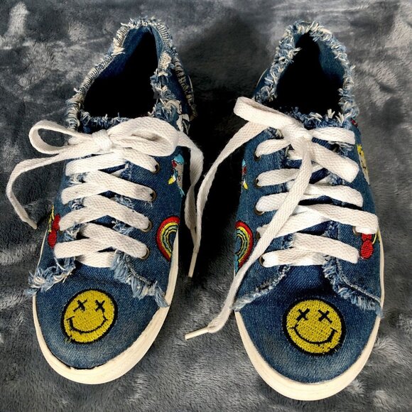 Denim Canvas Sneakers With Embroidered Smiley & Icons Frayed Detail - Picture 4 of 11